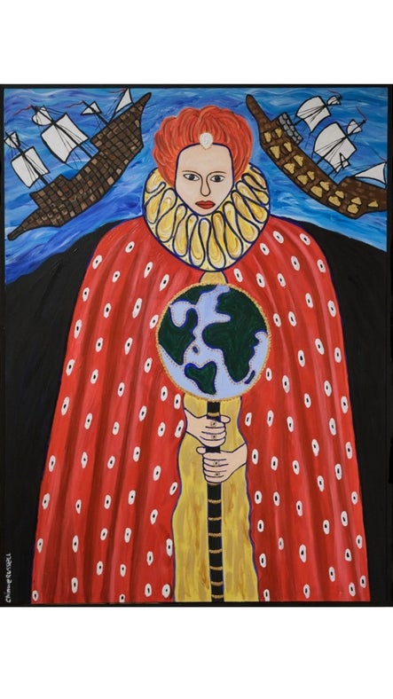A painting of a woman in a red cloak holding a globe on a stake in front of her. She has red hair. There are two ships on a blue sea behind her.